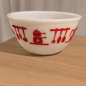 Vintage Hazel Atlas Red And White Bowl with Red Kitchen Utensil Design